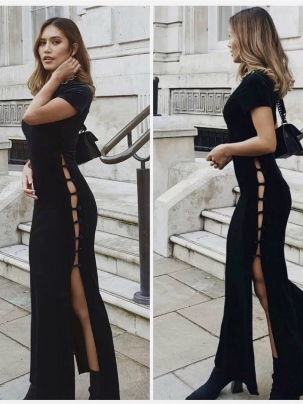 Zara Dark Green Short-Sleeve Maxi Dress with Side Button Cutouts and High Slit